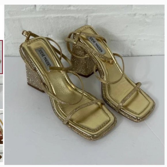 Steve Madden Women's Britani Gold Rhinestone Ankle Strap High Heel Sandals 8 - Picture 2 of 4